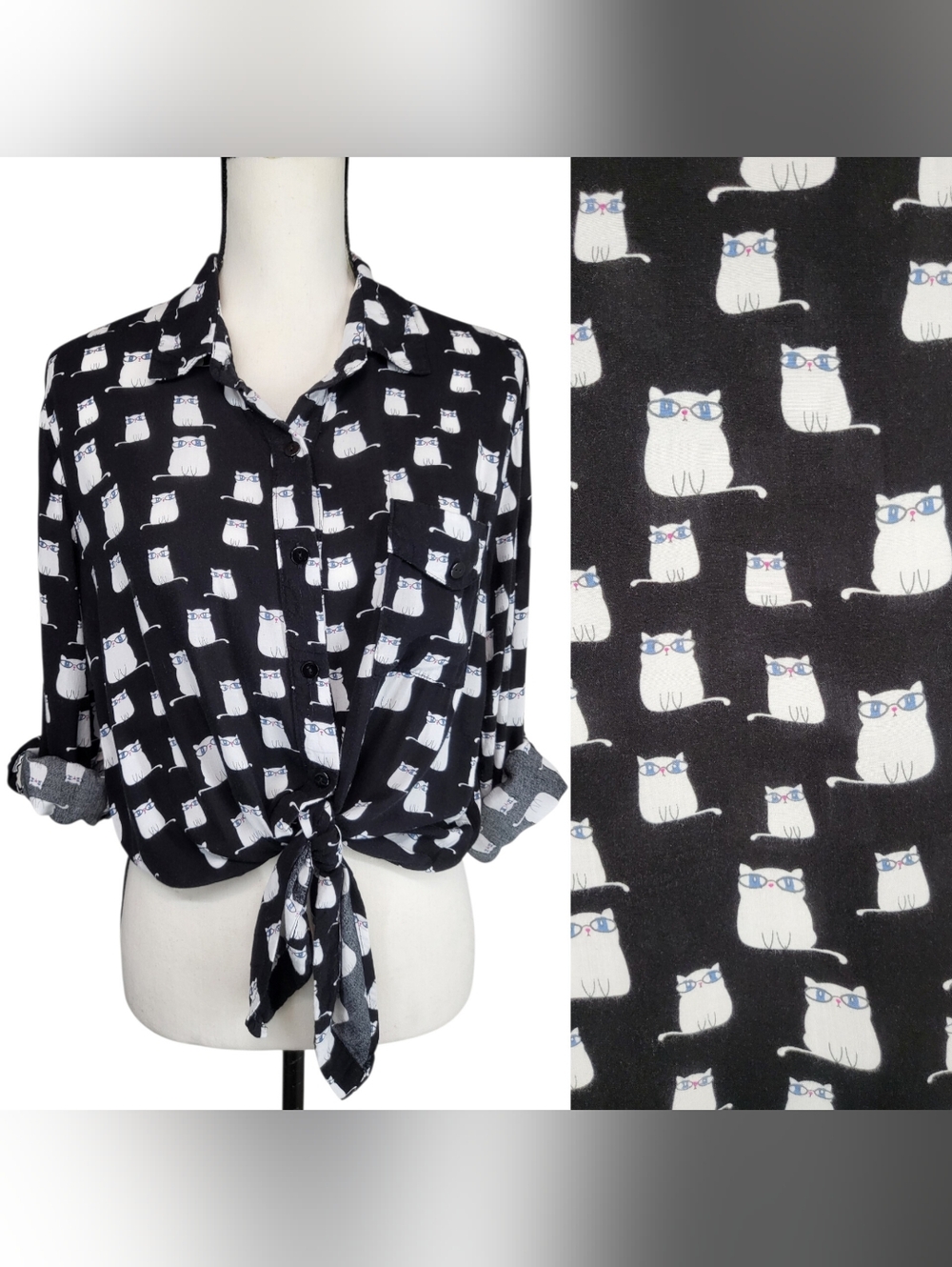 Love Notes Nerd Cats in Glasses Print Rayon Shirt Button Front/Tie Retro Top M